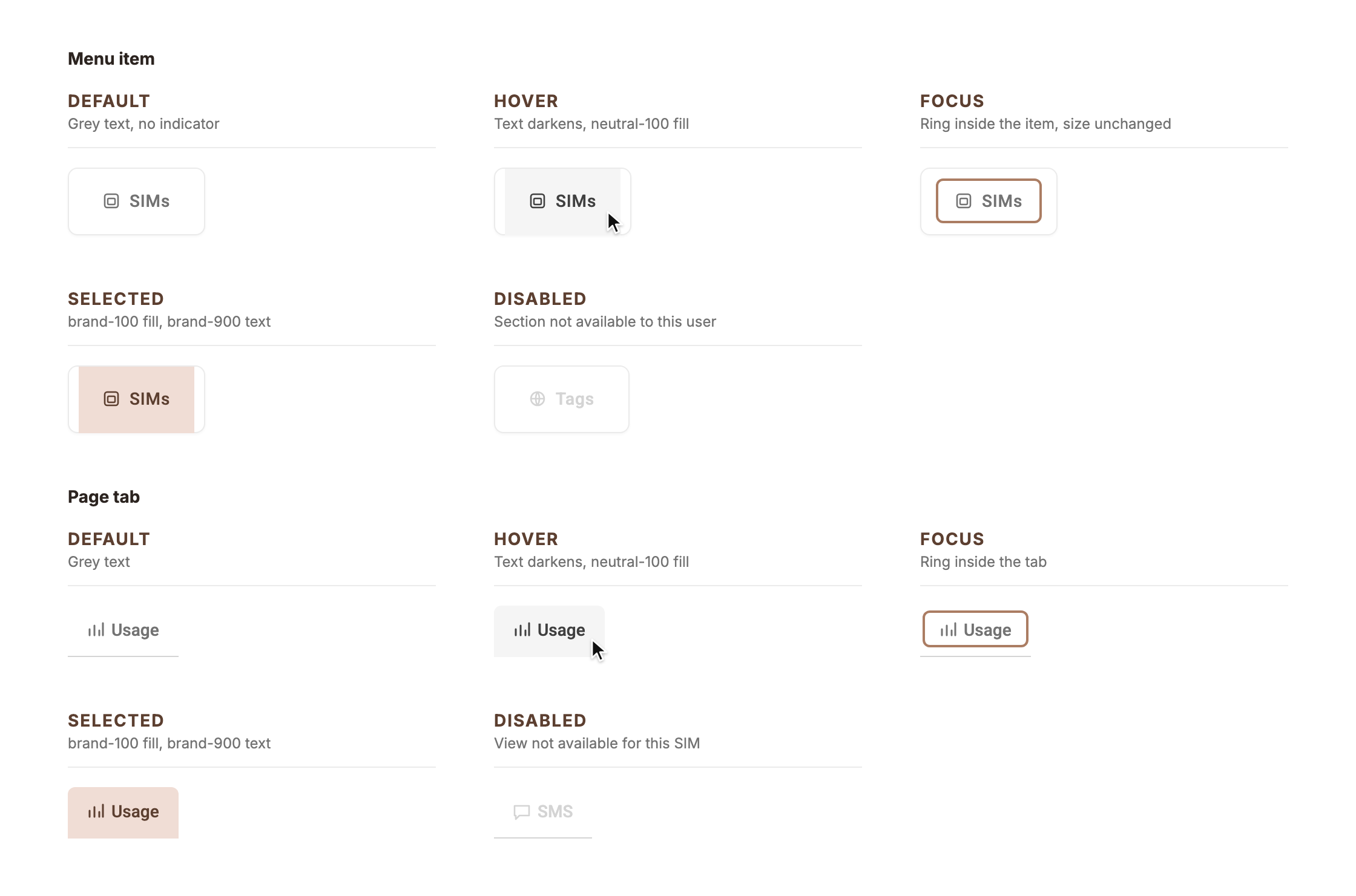 Menu item and page tab states: default, hover, focus, active, disabled